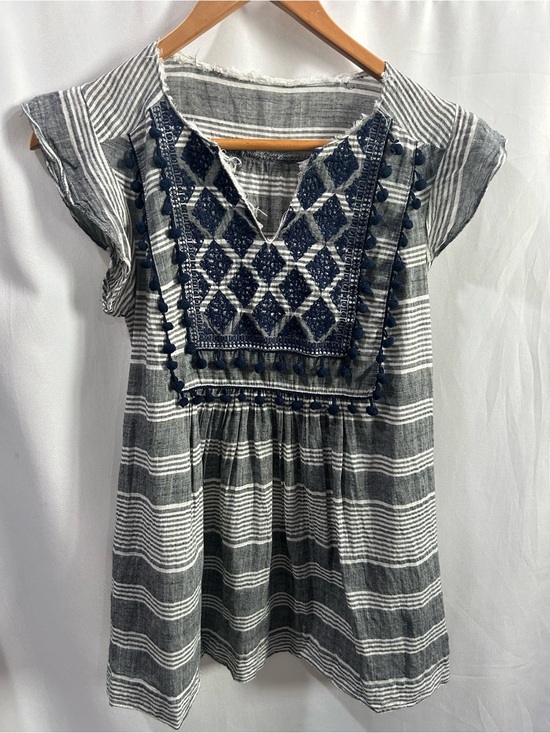 THML Tops - THML Gray and Navy Striped Embroidered Peasant Top